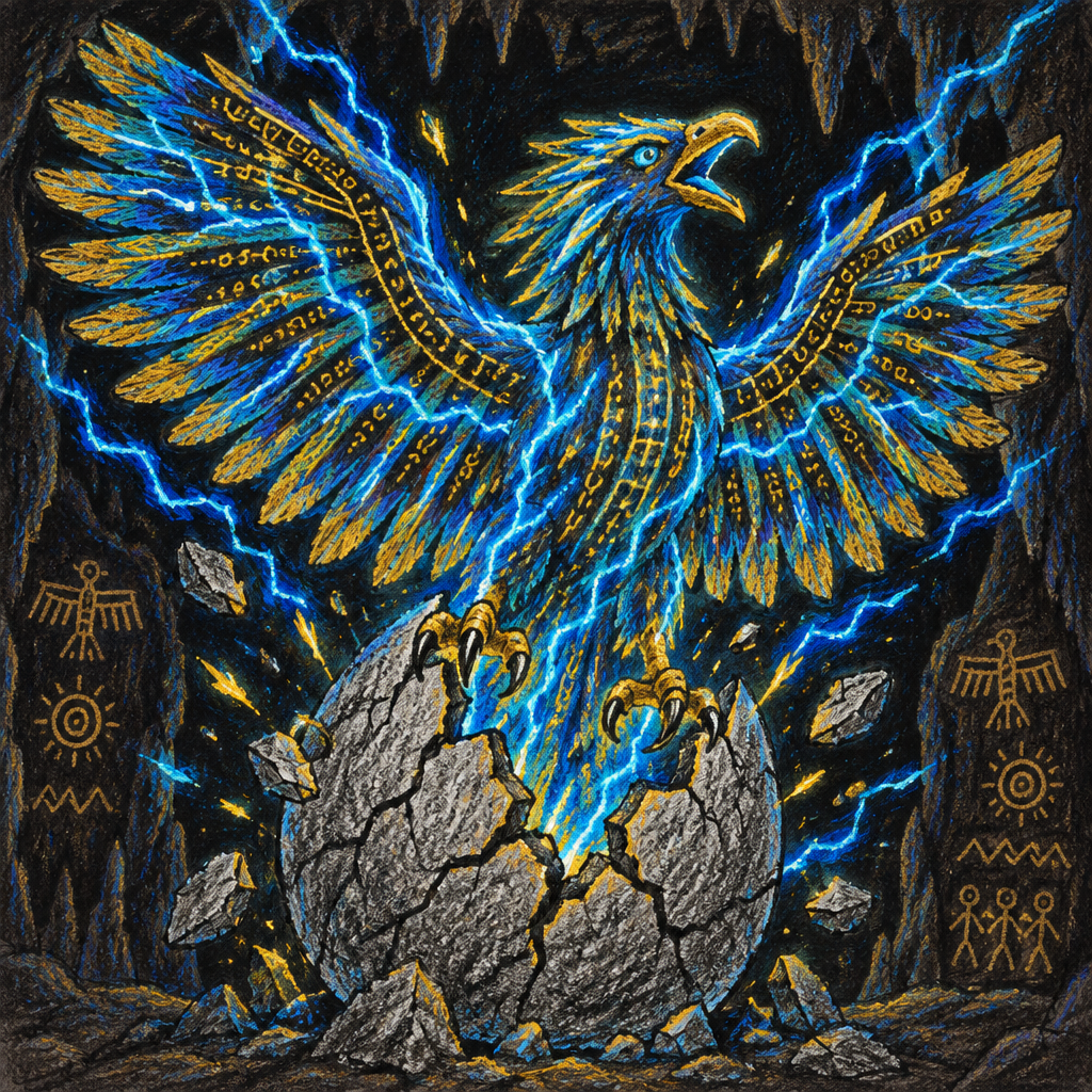 The Thunderbird bursting from its stone egg, feathers woven with electric blue light and golden code