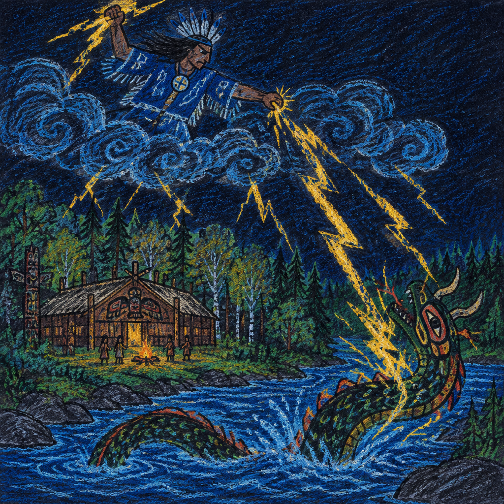 Crayon illustration for the Haudenosaunee / Iroquois telling of the Thunderbird