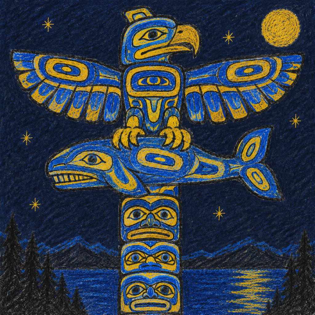 Crayon illustration for the Kwakwaka'wakw & Haida telling of the Thunderbird