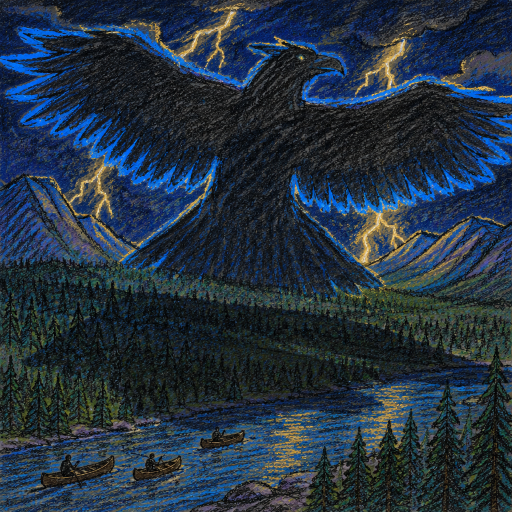 Crayon illustration for the Coast Salish telling of the Thunderbird