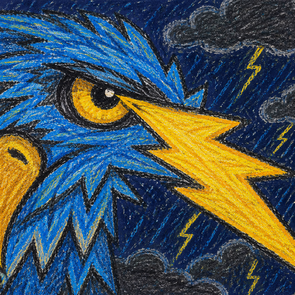 Crayon illustration of the eyes of the Thunderbird
